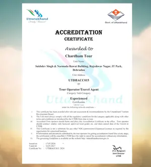 Uttarakhand Tourism Accreditation Certificate (2024–2027) awarded to Chardham Tour