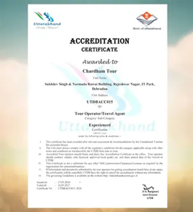 Uttarakhand Tourism Accreditation Certificate (2024–2027) awarded to Chardham Tour