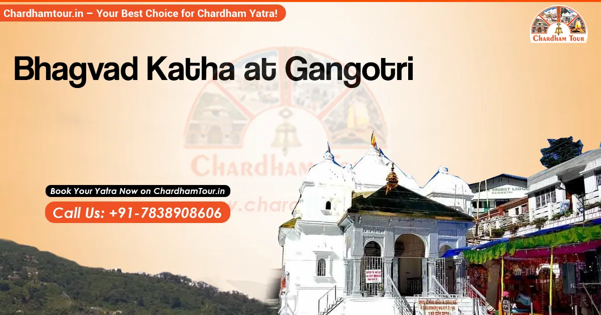 Devotees attending Bhagavad Katha at Gangotri Dham in Uttarakhand