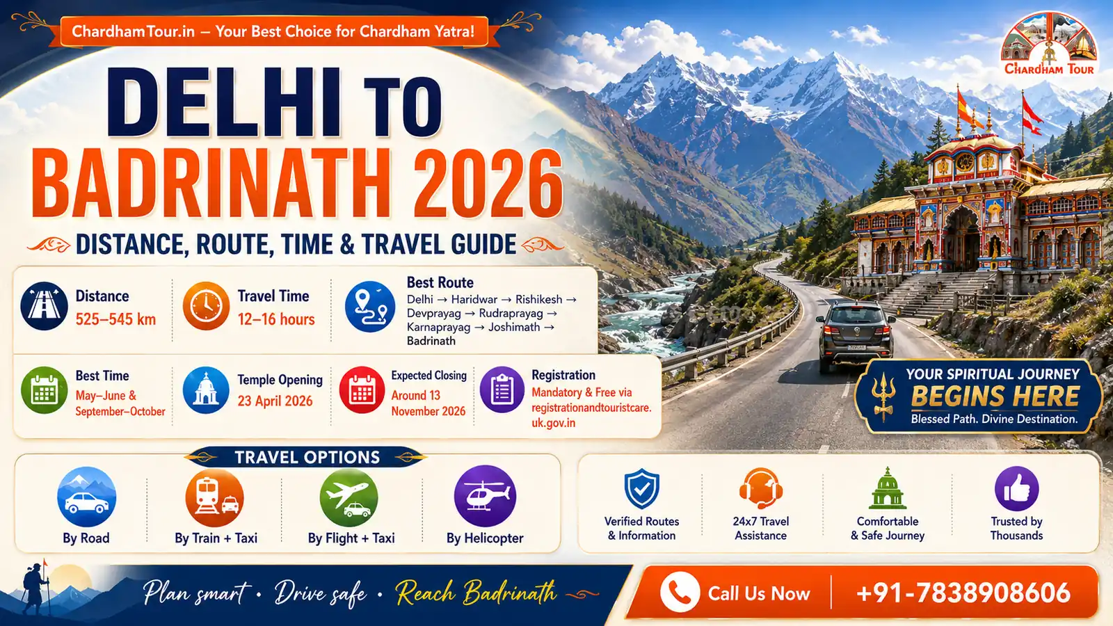 Delhi to Badrinath road route distance and travel guide 2026