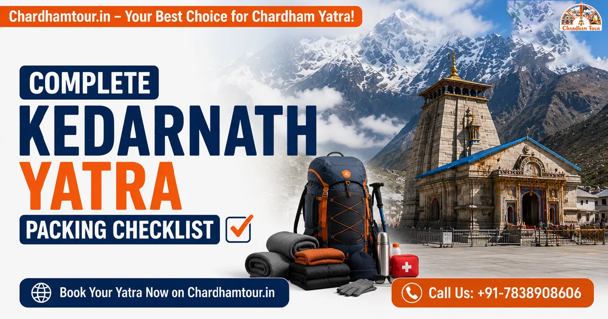 Pilgrim carrying a backpack and trekking essentials near Kedarnath Temple