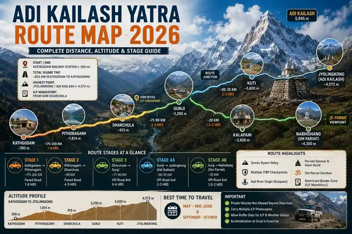 Adi Kailash Yatra Route Map — Complete Distance, Altitude & Stage Guide